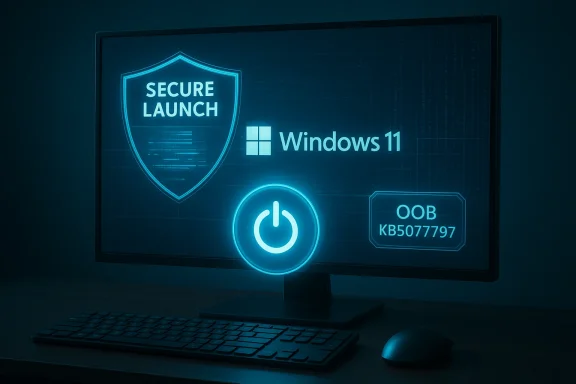 Blue-tinted desk setup featuring Windows 11, a Secure Launch shield, and a glowing power button hologram. Blue-tinted desk setup featuring Windows 11, a Secure Launch shield, and a glowing power button hologram.