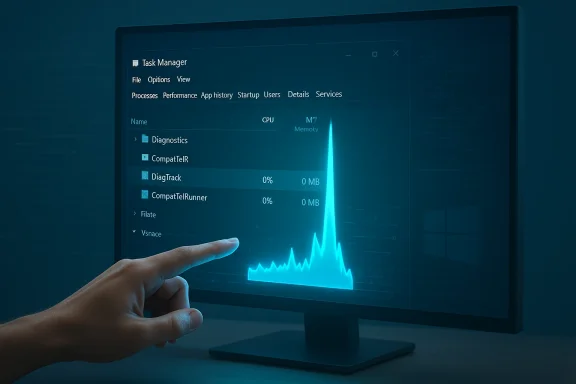 A hand points at a glowing blue CPU spike on a Windows Task Manager screen.