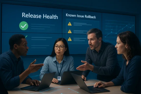 A diverse team discusses release health and known issue rollback in a high-tech briefing room.
