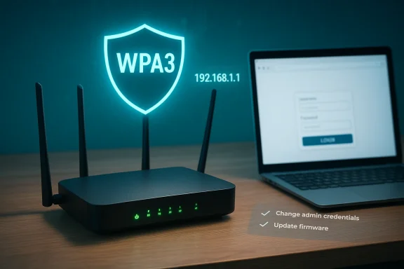 Router glows with a WPA3 shield beside a laptop login screen and 192.168.1.1.
