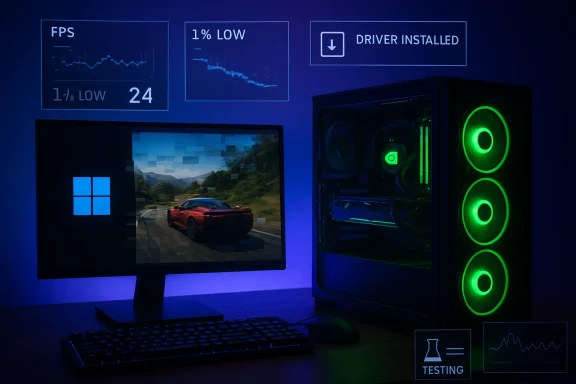 Gaming PC setup with a green-lit case, monitor showing a car racing game, and performance overlay.
