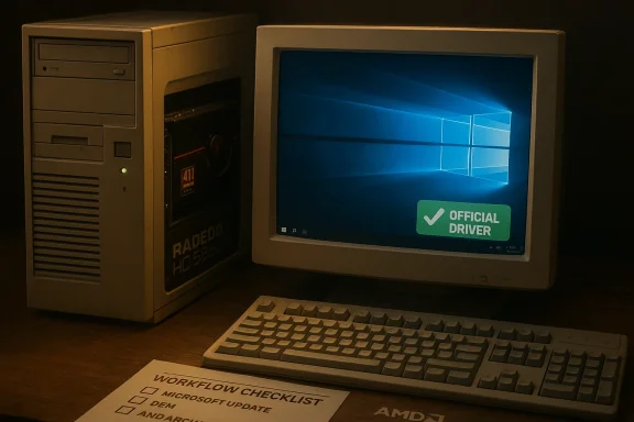 Old beige desktop setup with CRT monitor showing Windows, AMD Radeon PC tower, keyboard, and a workflow checklist.