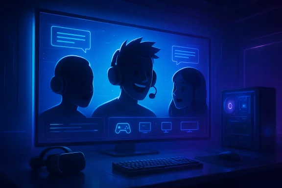 Three gamers with headsets stream a game on a glowing blue monitor.
