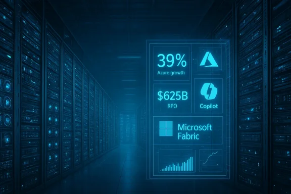 Blue-hued data center with a holographic dashboard displaying Azure growth and Microsoft Fabric metrics.