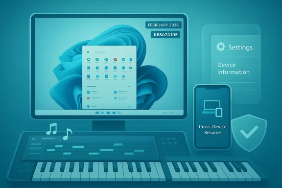 Teal tech setup featuring a computer monitor, keyboard, and devices labeled Settings and Cross-Device Resume.