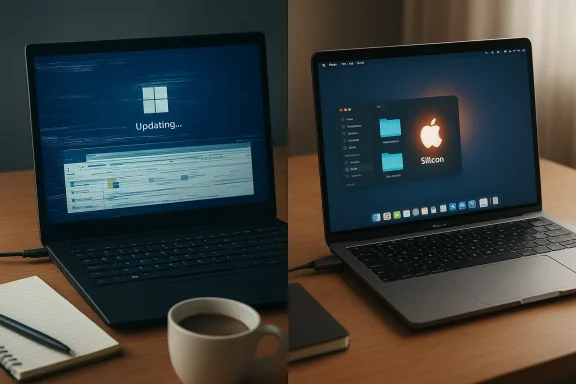 Two laptops on a wooden desk; left shows Windows updating, right displays macOS.