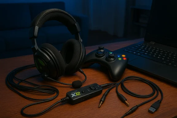 A gaming desk setup with over-ear headphones, a wired controller, laptop, and audio adapter.