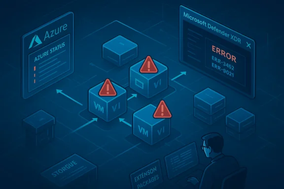 Azure and Defender XDR monitor VMs with warning alerts and errors.