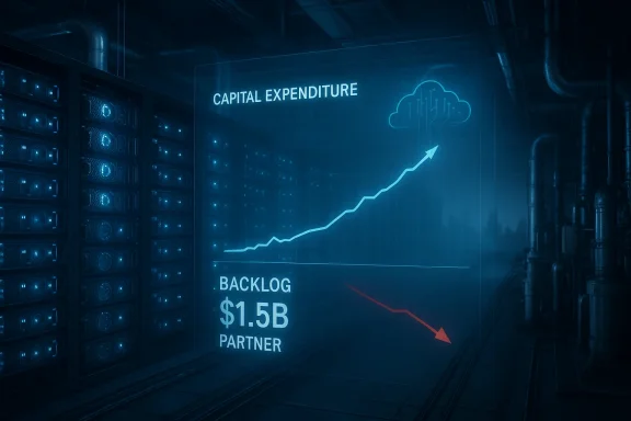 Blue holographic chart over a data center shows rising capital expenditure and a $1.5B backlog.