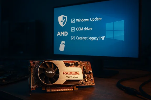 Radeon graphics card on a desk with a Windows Update screen in the background.