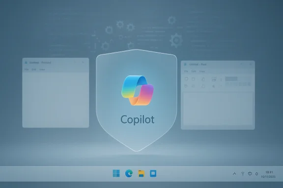 A floating Copilot shield with colorful logo above a blurred Windows desktop.