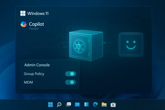 Windows 11 admin console showing Copilot paused and policy toggles (Group Policy, MDM).