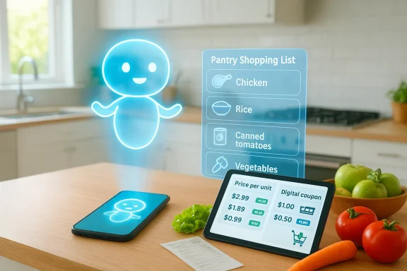 A neon blue holographic helper hovers over a kitchen island, displaying a Pantry Shopping List.