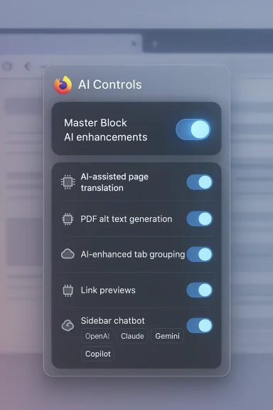 A sleek UI panel labeled 'AI Controls' with blue toggle switches for various AI features.