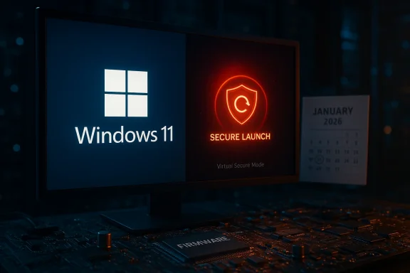 Windows 11 on the left and a neon Secure Launch shield on the right of a hardware firmware board.