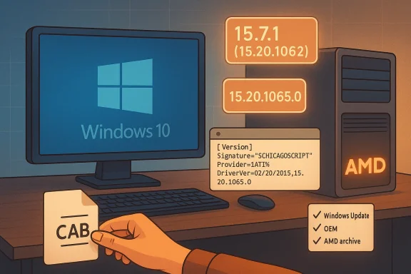Windows 10 PC beside an AMD server, with version cards and a hand presenting a CAB card.