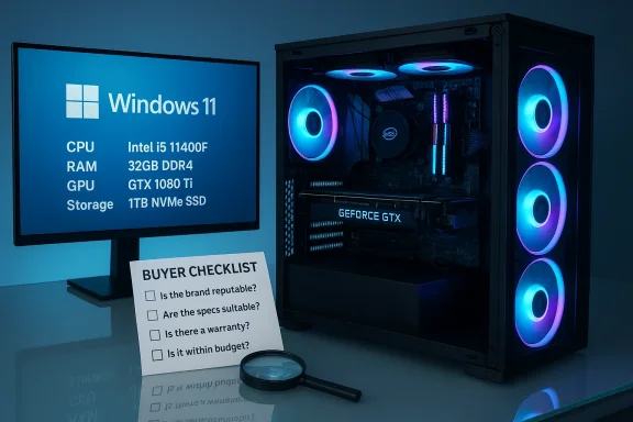 RGB-lit gaming PC beside a Windows 11 specs screen and a buyer checklist.