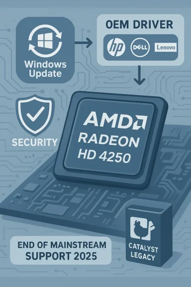 Infographic about AMD Radeon HD 4250 with Windows Update, OEM drivers, and end of mainstream support in 2025.