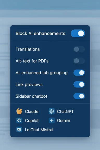 Blue UI settings panel with AI feature toggles and a row of chat app icons.