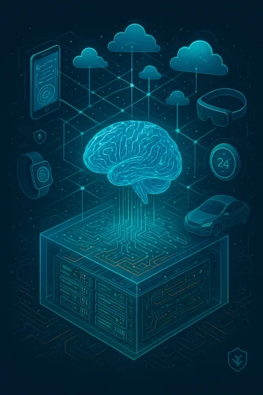 Glowing brain atop a server links cloud tech to devices like phone, watch, car, and VR headset.