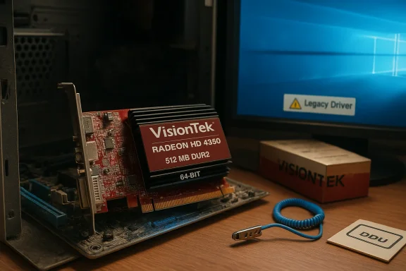 Dusty PC with a VisionTek Radeon HD 4350 graphics card; monitor shows a Legacy Driver warning.