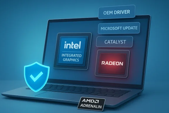 Laptop displays Intel Integrated Graphics and Radeon GPU with AMD Adrenalin branding.
