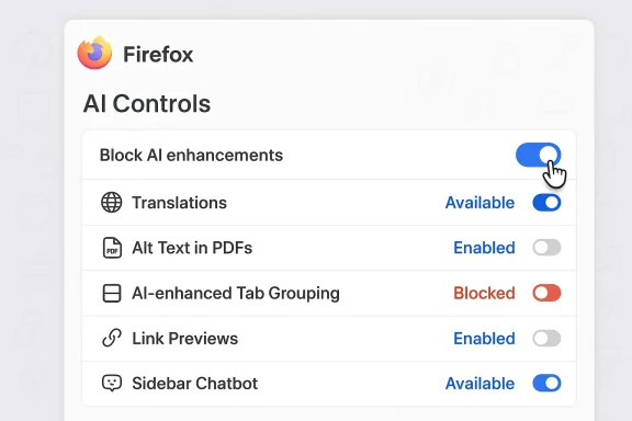 Firefox AI Controls panel showing toggles for AI features like translations, alt text, and chat bot.