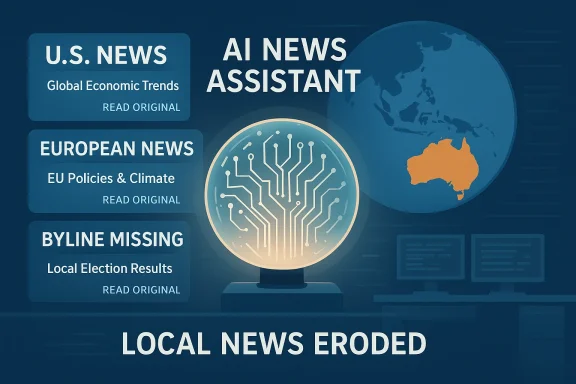 Blue tech-news collage showing AI assistant, globe with Australia highlighted, and Local News Eroded.