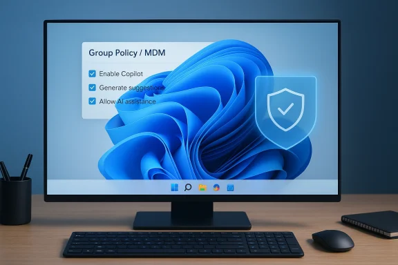 Monitor displays Group Policy / MDM settings with Copilot, AI assistance, and a shield icon.