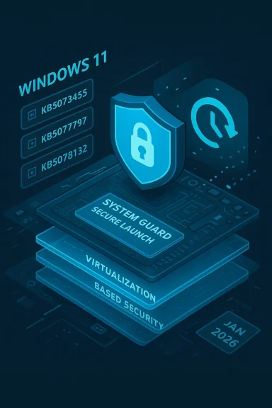 Windows 11 security stack with shield and layers: System Guard, Secure Launch, and virtualization-based security. Windows 11 security stack with shield and layers: System Guard, Secure Launch, and virtualization-based security.