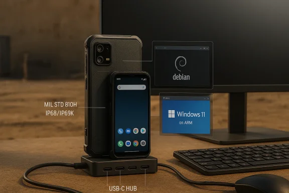 Rugged MIL-STD 810H phone docked to a USB-C hub, with Debian on the monitor and Windows 11 on ARM.