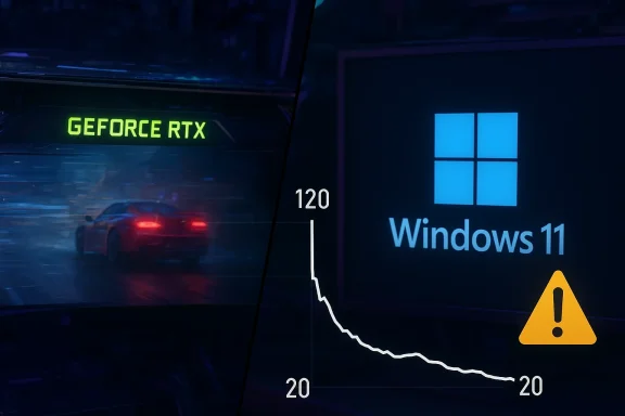 Split-screen: RTX gaming scene on left; Windows 11 warning with a falling performance graph on right.