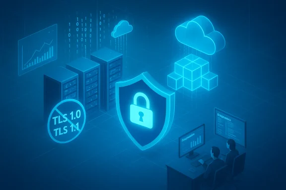 Cybersecurity scene: shielded cloud and servers with TLS protections.