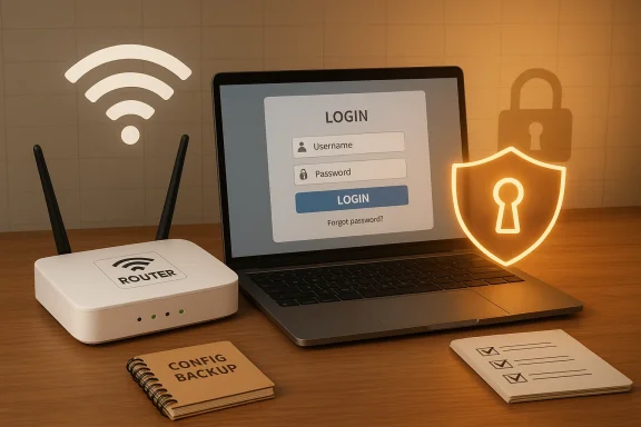 Laptop displays login screen beside a router, with a glowing shield and backup notes.
