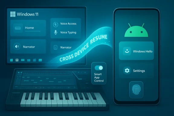Windows 11 desktop and Android phone showcase cross-device resume with smart app control.