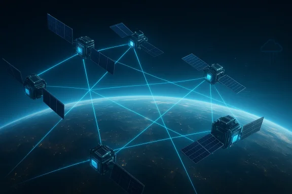 A constellation of satellites linked by glowing blue beams above Earth.