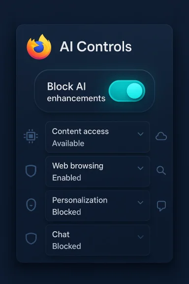 AI Controls panel with a toggle to Block AI enhancements and settings like content access and browsing.