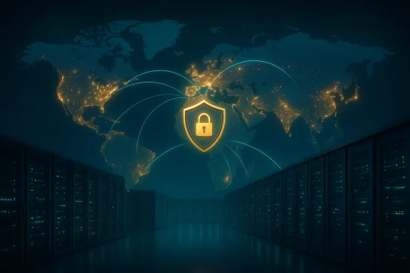 Glowing shield and lock over a world map, symbolizing global cybersecurity in a data center.