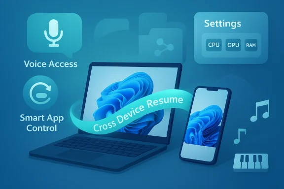 Blue-toned illustration showing Cross-Device Resume syncing between a laptop and a smartphone.