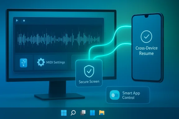 A computer monitor and smartphone connected by neon lines, showcasing cross-device resume and security features.