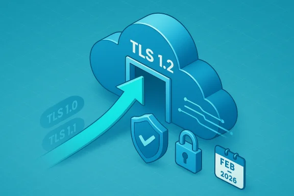 Cloud TLS 1.2 upgrade from TLS 1.0/1.1, shown with shield and lock security icons.