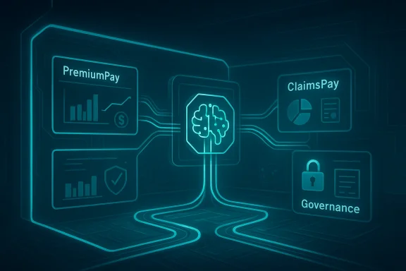 Neon circuit hub with a brain icon connecting PremiumPay, ClaimsPay, and Governance.