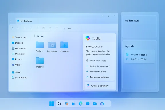 Blue Windows-style desktop with File Explorer, Copilot panel, and side widgets. Blue Windows-style desktop with File Explorer, Copilot panel, and side widgets.