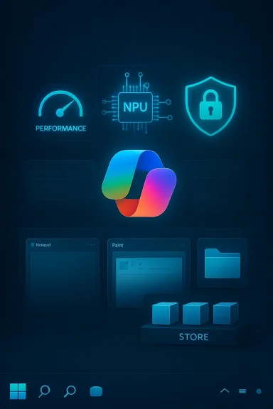 A futuristic neon UI dashboard featuring a performance gauge, NPU chip, security shield, and colorful logo.
