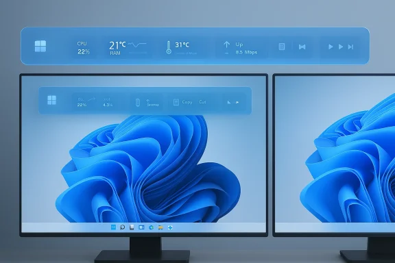 Dual monitors display a translucent blue HUD with system metrics over a blue abstract wallpaper.