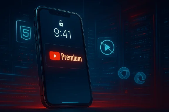 Phone lock screen shows YouTube Premium at 9:41 amid neon data-center visuals.