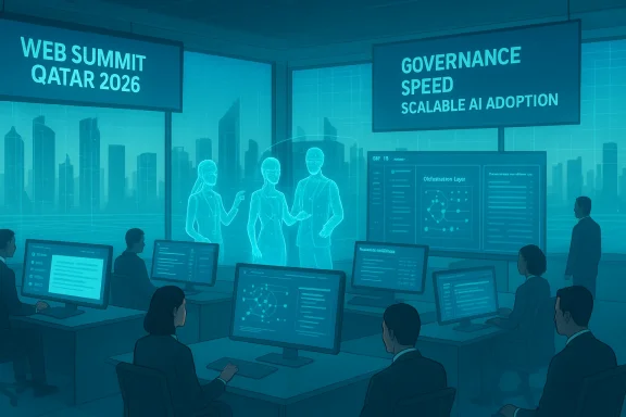 A futuristic control room at Web Summit Qatar 2026 with holographic figures and large screens.