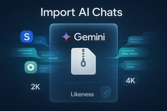Graphic showing Import AI Chats for Gemini's likeness feature with 2K/4K labels.