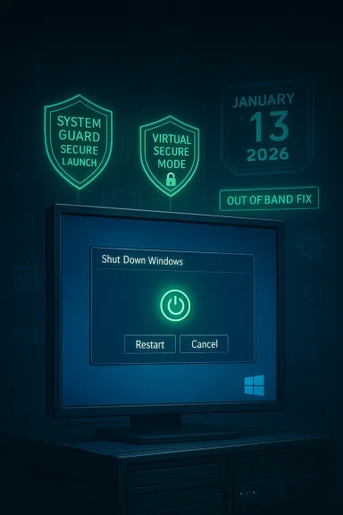 Monitor displays a “Shut Down Windows” dialog against a neon-secure shield backdrop.