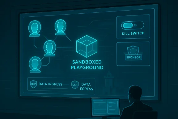 Futuristic dashboard showing Sandboxed Playground with data flow, sponsor badge, and kill switch.